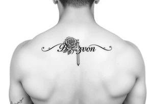 Name D3von with a rose and cross in the middle on a arm tattoo idea