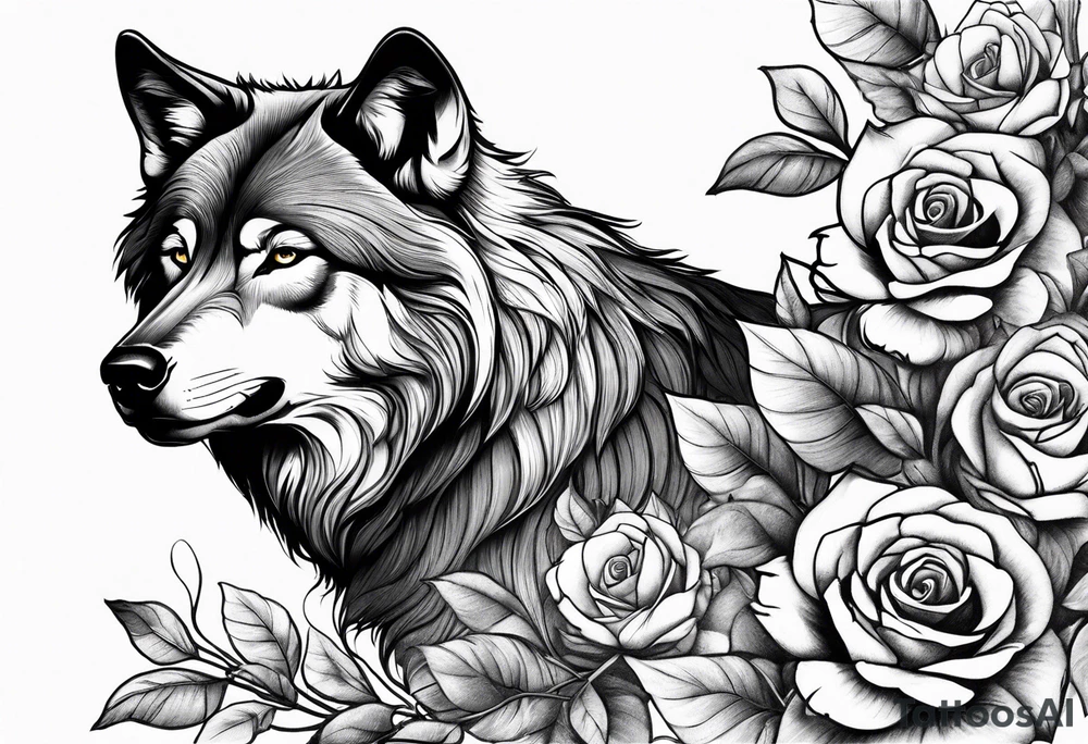 wolf with roses tattoo idea