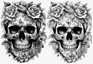 Upper arm sleeve skulls and flowers tattoo idea