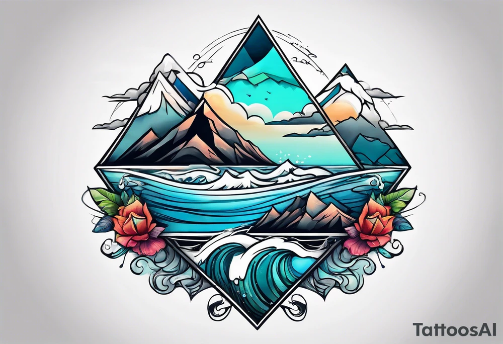 Mountains and big ocean waves  crashing diamond shape half and half tattoo idea