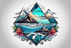 Mountains and big ocean waves  crashing diamond shape half and half tattoo idea