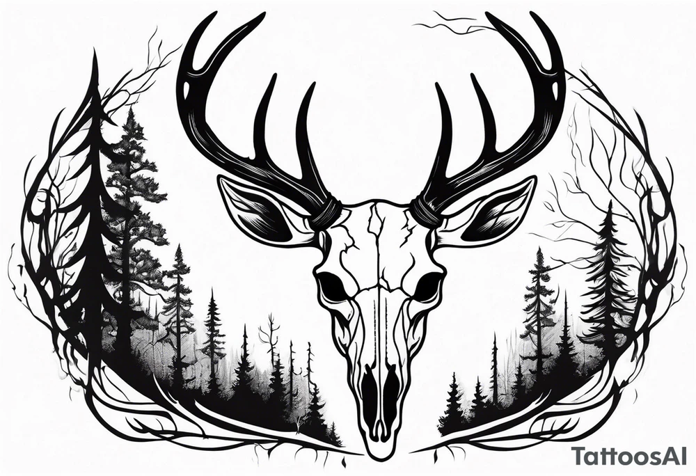 Scary side profile of a DECAYING deer skull JUST BONE surrounded by a flames and trees in background tattoo idea