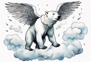 a polar bear with wings, standing on clouds, laughing tattoo idea