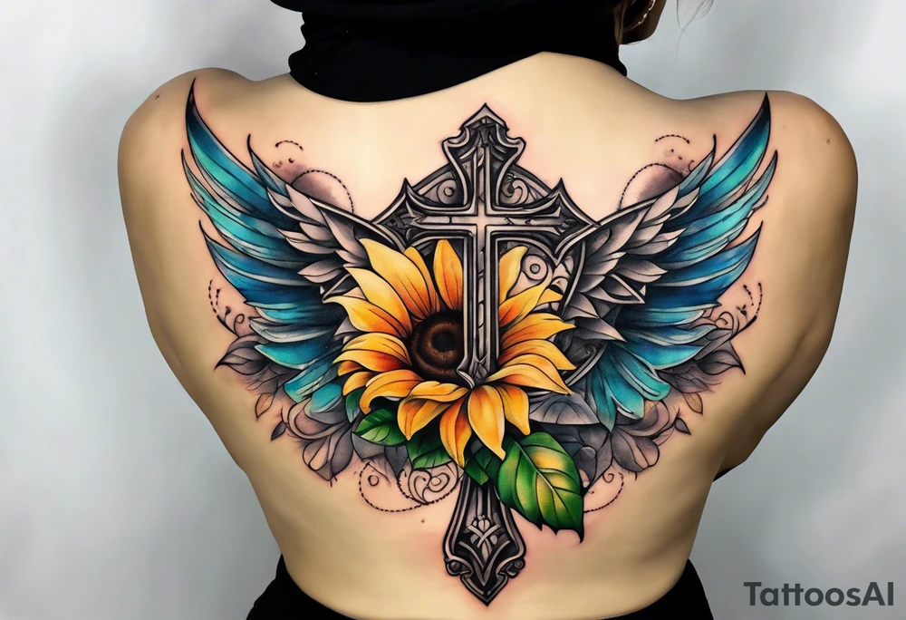 Winged cross with sunflower arm sleeve tattoo idea