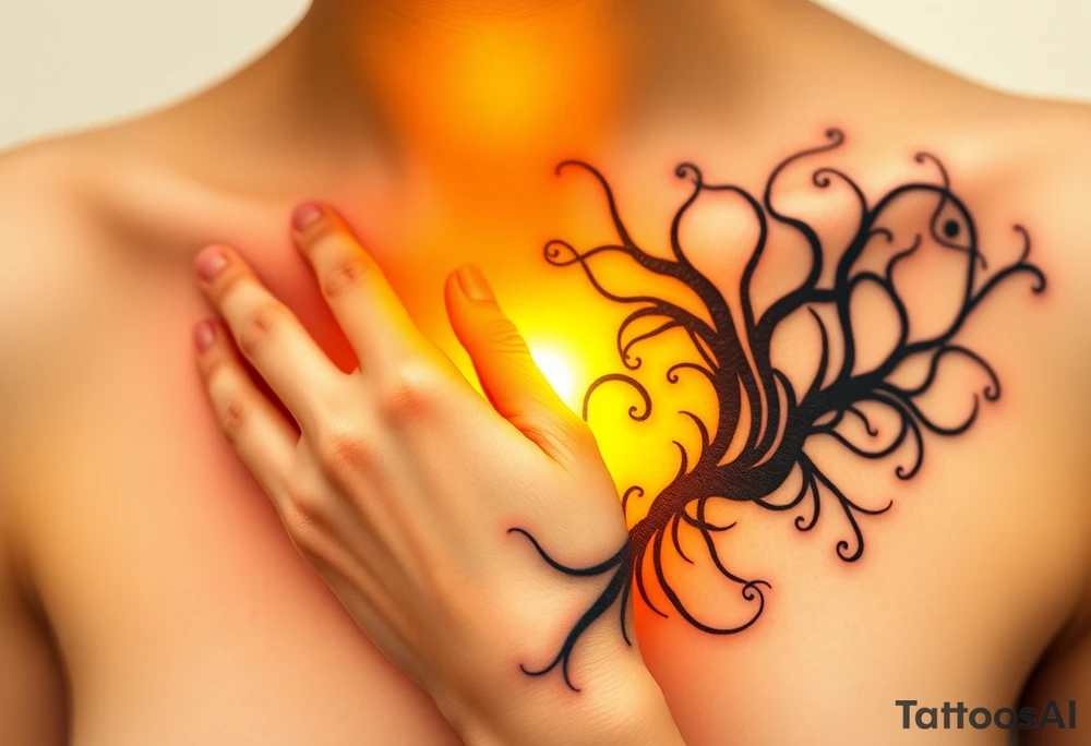 A soft golden light contrasting with shadowy black tendrils emerging from the other hand, representing a battle between inner purity and external corruption. The light is depicted in radiant yellows, while the dark side uses deep blues and blacks. tattoo idea