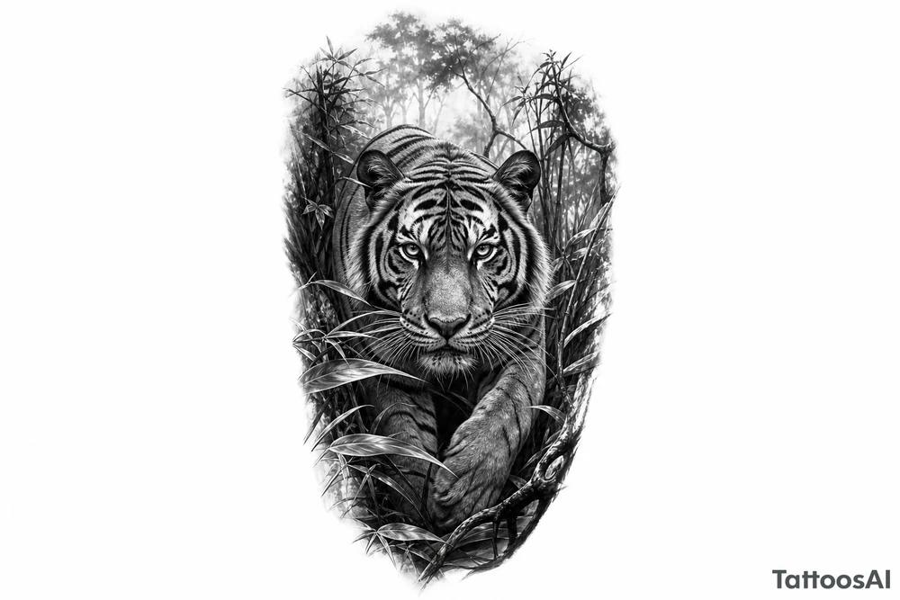 Hyperrealistic tiger emerging from a dense, misty jungle, close-up, dramatic lighting. tattoo idea
