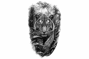 Hyperrealistic tiger emerging from a dense, misty jungle, close-up, dramatic lighting. tattoo idea
