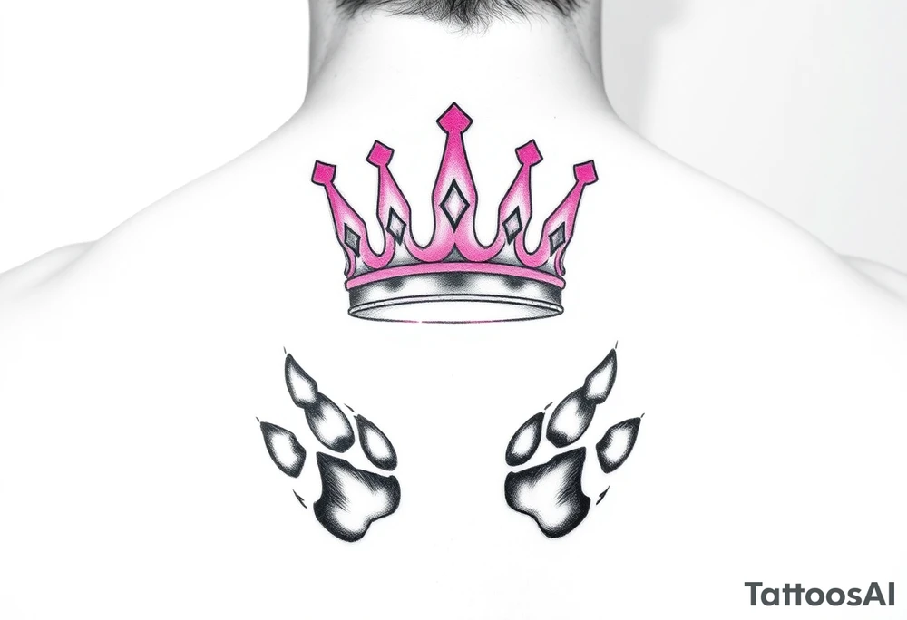 pink princess crown on top of paw prints tattoo idea