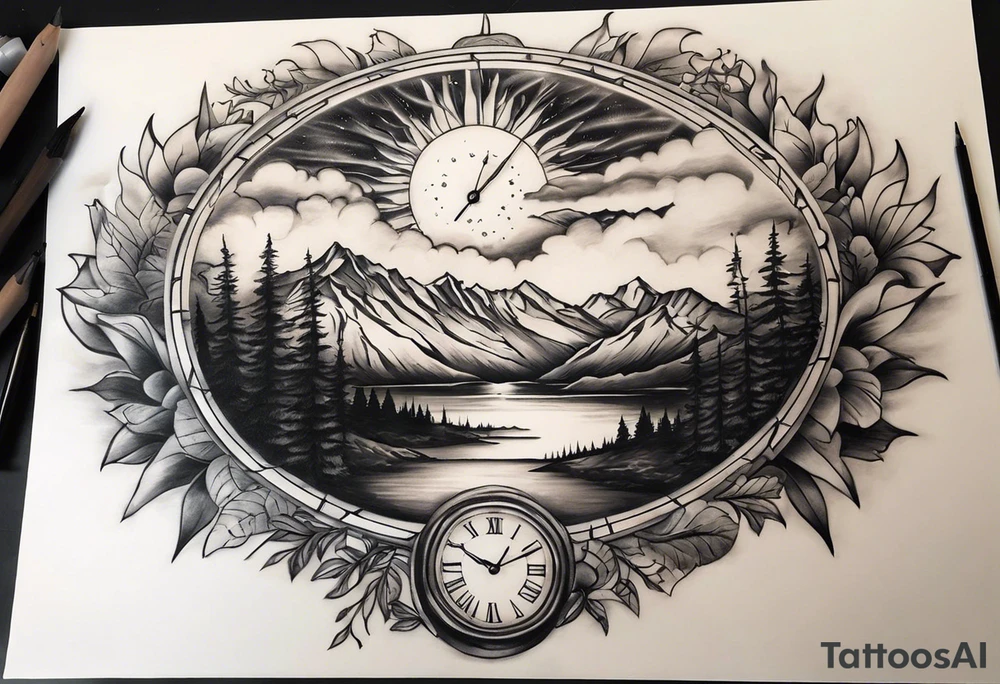 Half sleeve. View from the base of the mountains looking up to the sun. The sun is a clock that reads 12:01 to signify a new day. I want a clock tower in the middle of the mountains with the times my two sons were born. This tattoo represents overcoming massive obstacles and becoming a better person. tattoo idea