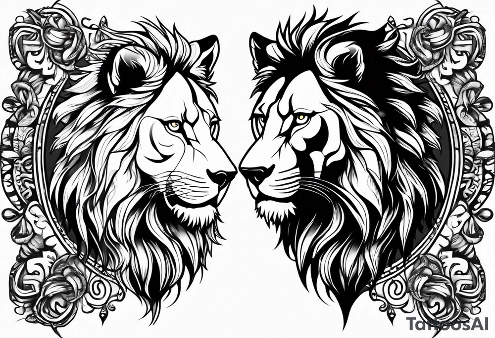 Lion looking left and wolf looking right tattoo idea