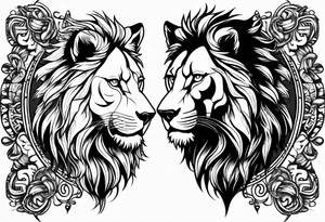 Lion looking left and wolf looking right tattoo idea