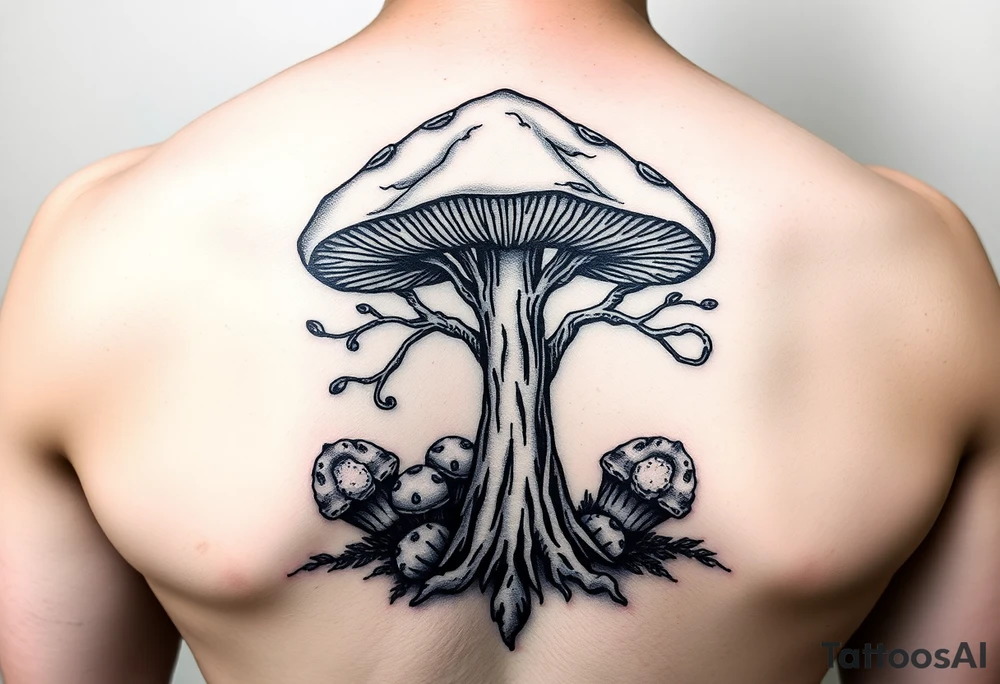Magic mushroom with truffles growing underneath with the tree of life symbol but with mushroom tattoo idea