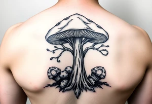 Magic mushroom with truffles growing underneath with the tree of life symbol but with mushroom tattoo idea