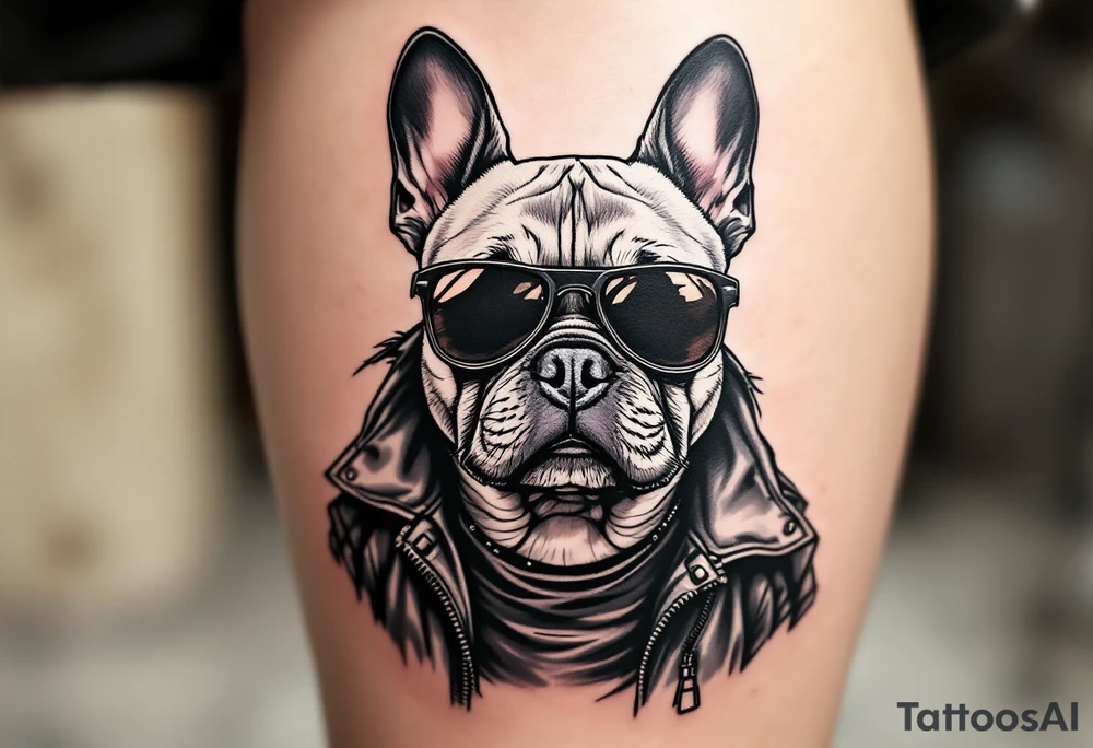 French Bulldog with sunglasses and a leather jacket, looking cool and stylish, light cream coat with dark lenses and black outfit. tattoo idea