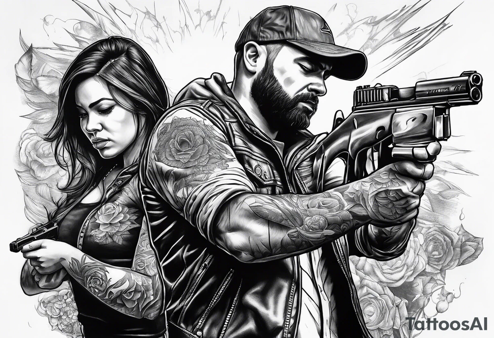In the reflection of a eye two people holding guns one man dead on the ground with a wounded woman standing behind him tattoo idea
