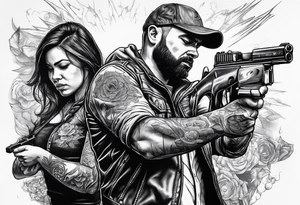 In the reflection of a eye two people holding guns one man dead on the ground with a wounded woman standing behind him tattoo idea