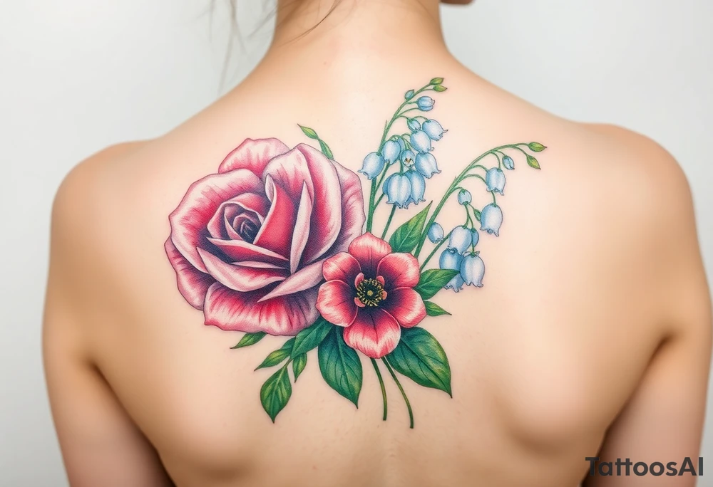 Bouquet of flowers with a carnation, rose, Lily of the valley, delphinium with stems Starting upper middle back to right shoulder tattoo idea