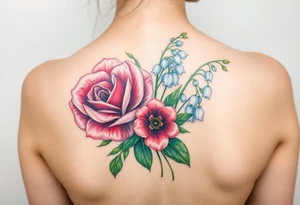 Bouquet of flowers with a carnation, rose, Lily of the valley, delphinium with stems Starting upper middle back to right shoulder tattoo idea