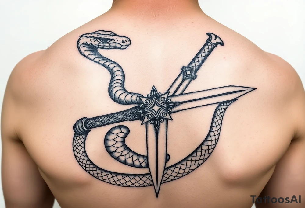 mystical snake coiled around an ancient dagger with jeweled hilt tattoo idea