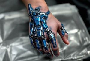 A blue and silver exoskeletal structure integrated with the hand’s contours, mimicking robotic dexterity. tattoo idea