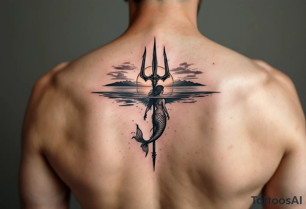 trident half way under calm water with sunset and mermaid tattoo idea