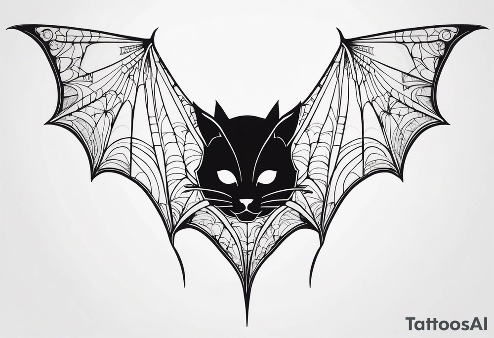 Bat, cat Head, upside down, wings made of spider web, wings wide open tattoo idea