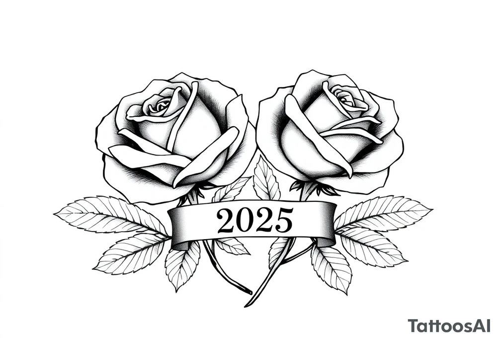 two beautiful large rose buds, one larger than the other, with lots and lots of leaves next to the rose buds, with one sitting slightly higher than the other, side-by-side.  Include a banner connecting the two roses with the year 2025 on it.   Use dark outlines with little shading. No stems tattoo idea