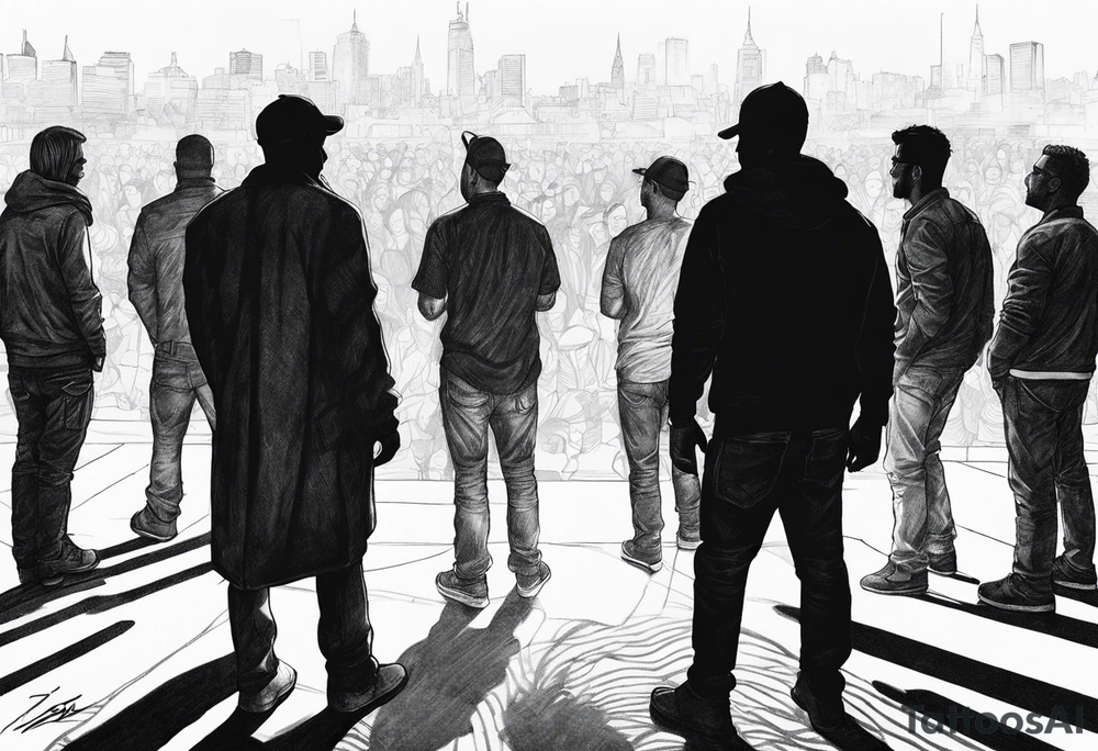 2 Black shadows of people standing over 2 wounded black shadows of people tattoo idea