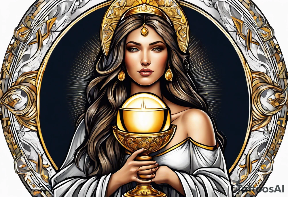 holy saint woman with golden halo holding a chalice tattoo idea