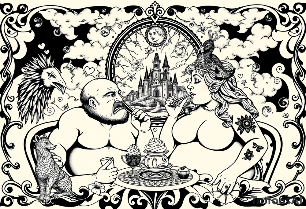 Naked Man and fat woman having sex eating cupcakes and  fruit  having sexy naked fat lady having a tea party with tea pots  with medieval castle  
with mystical  aries a pigs, peacock,  lion, goat, noose and smoking cigerettes looking in the mirror thru storm clouds and broken hearts and darkness and wrath, envy , gluttony, greed, sloth, pride . Gothic tattoo idea