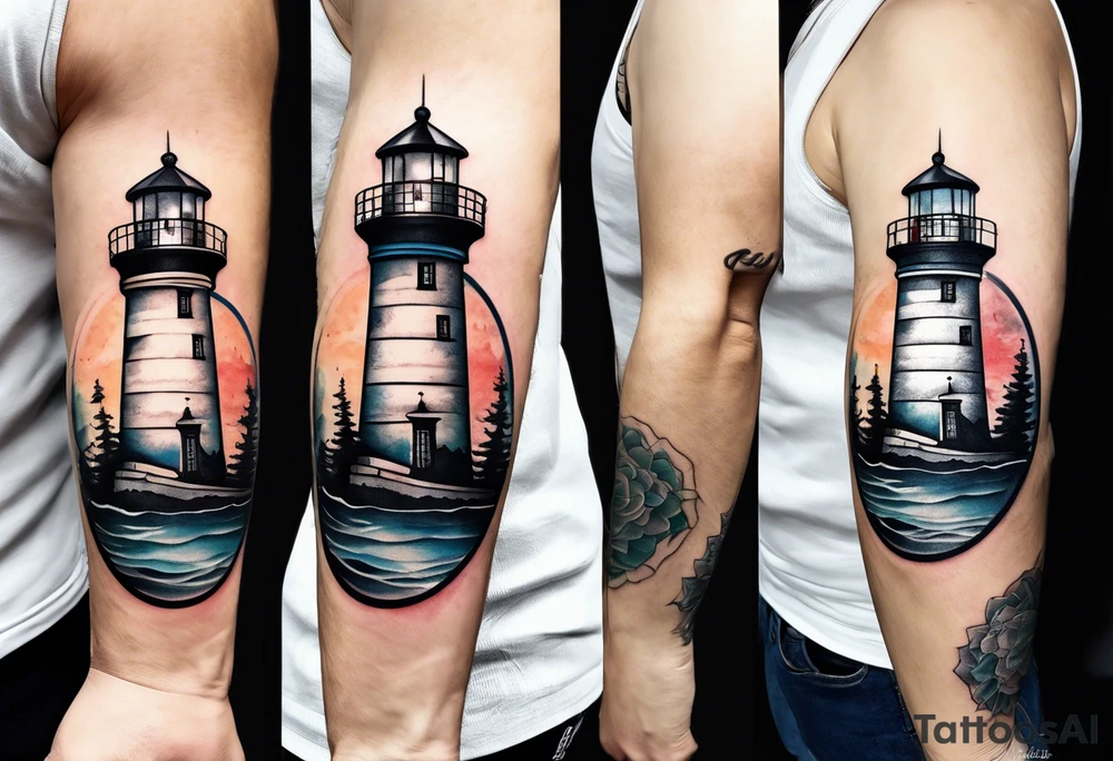 lighthouse,  circle framed, minimalism tattoo idea