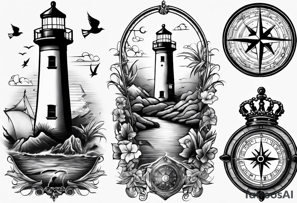 full sleeve tattoo with compass, lighthouse, map of bermuda, longtail bird, crown and anchor dice, lightning in background tattoo idea