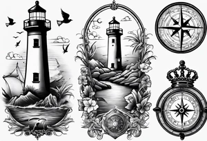 full sleeve tattoo with compass, lighthouse, map of bermuda, longtail bird, crown and anchor dice, lightning in background tattoo idea