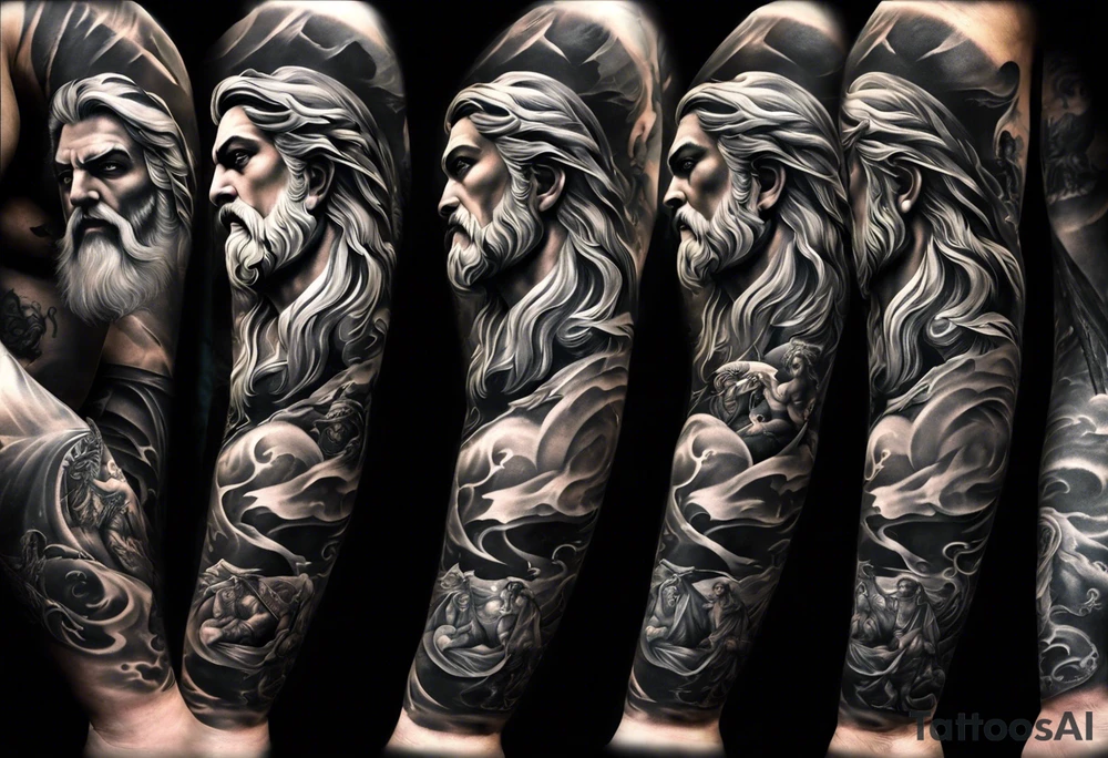 Full left arm tattoo sleeve with Zeus, Poseidon and Hades. Zeus is at the left shoulder, Poseidon is at the left upper arm and Hades is at the left forearm. tattoo idea