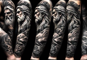 Full left arm tattoo sleeve with Zeus, Poseidon and Hades. Zeus is at the left shoulder, Poseidon is at the left upper arm and Hades is at the left forearm. tattoo idea