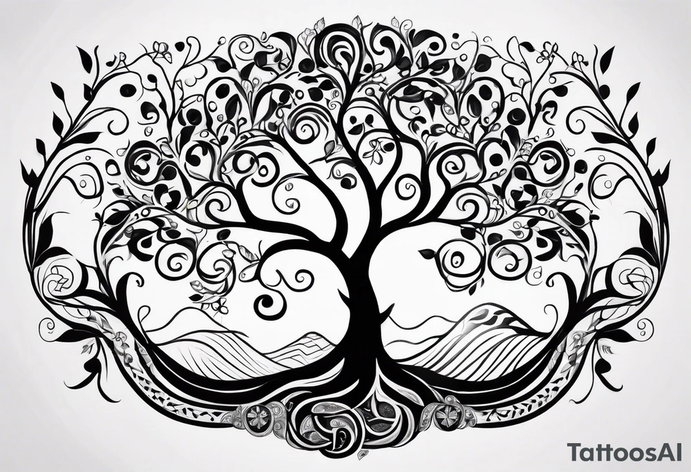Black and white folk art whimsical tree of life drawing with roots winding all over tattoo idea