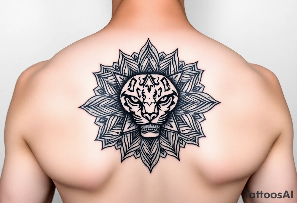 intricate mandala with a sacred panther with geometry and cosmic tattoo idea