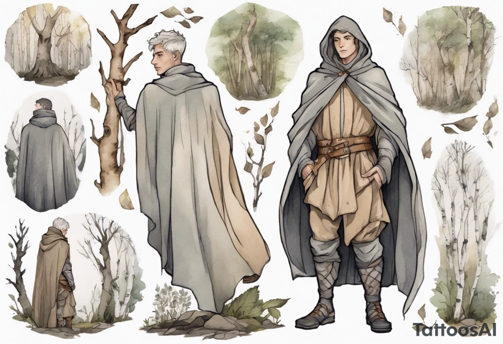 medieval Tan France wearing a grey cloak standing in a birch forest tattoo idea