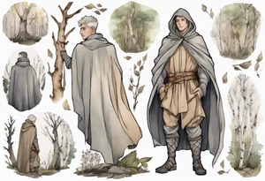 medieval Tan France wearing a grey cloak standing in a birch forest tattoo idea