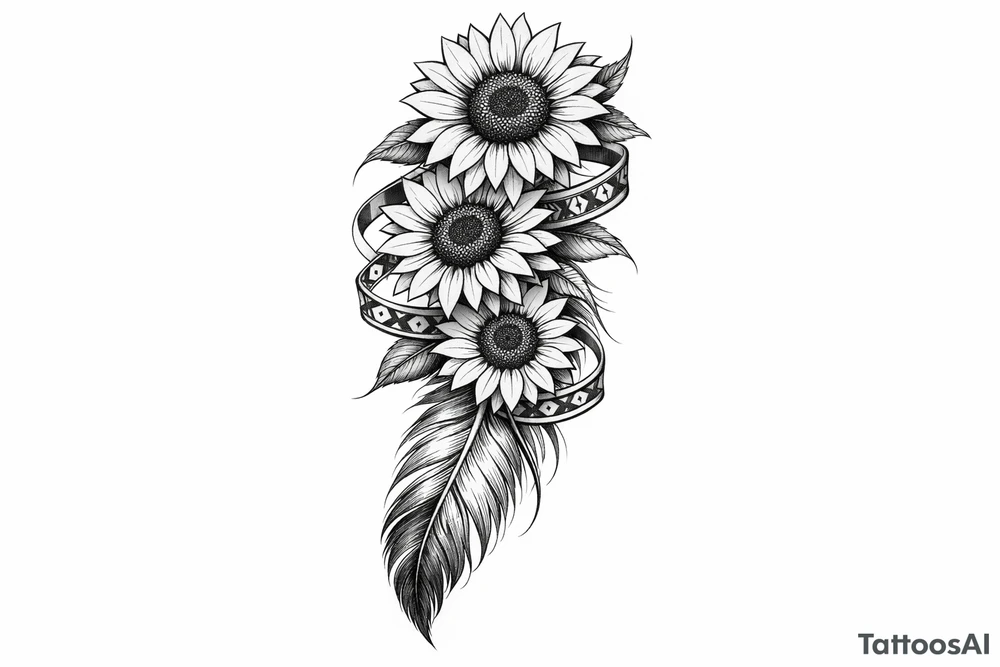 3 cascading sunflowers wrapped in simple Native American ribbon on top of a feather tattoo idea