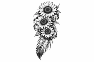 3 cascading sunflowers wrapped in simple Native American ribbon on top of a feather tattoo idea