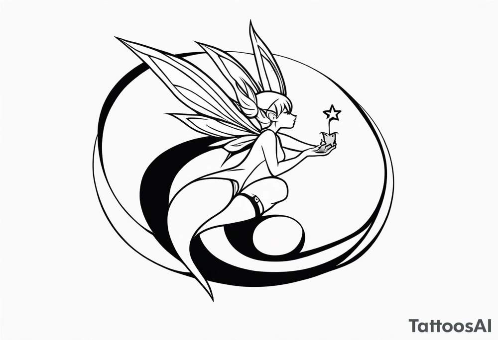A fairy with a tail inspired by the logo of the show called Fairy Tail in a fetal position leaning in tattoo idea
