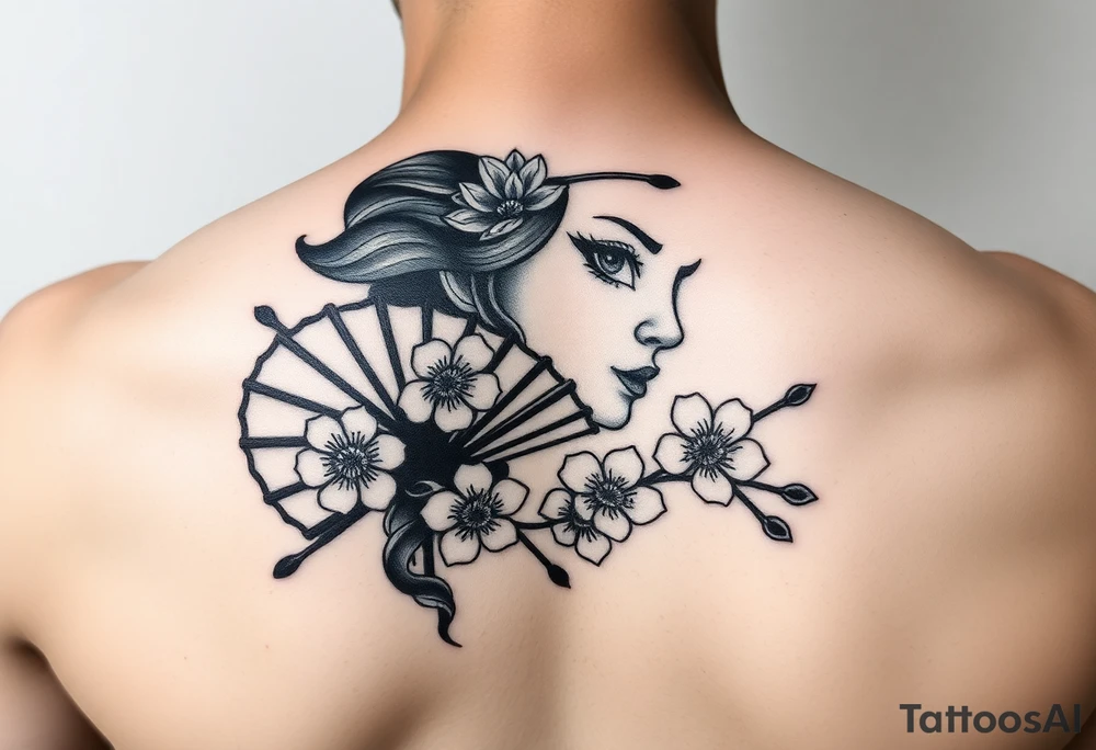 Samurai Asian face
 with a fan across her face with cherry blossom with wind tattoo idea