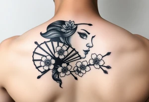 Samurai Asian face
 with a fan across her face with cherry blossom with wind tattoo idea