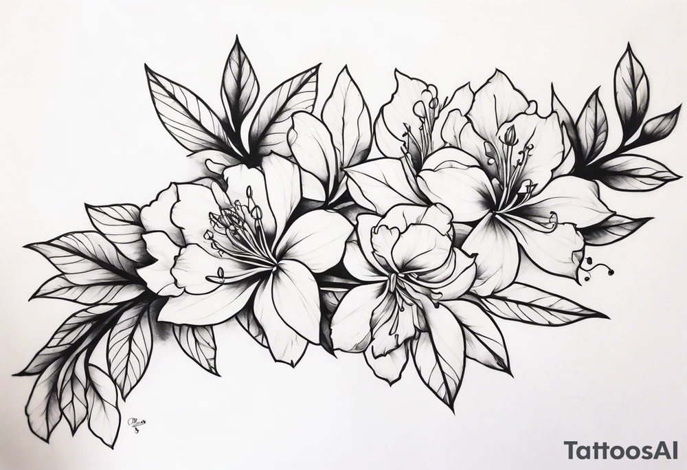 5-petal Azaleas, spread out along a long branch tattoo idea