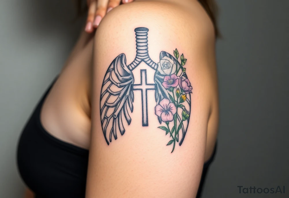 tattoo with skeleton lungs
: one side representing death and the other life. (from death to life) with a simple cross down the middle. The life side I'd like the following flowers growing out of it: Morning Glory, Lily of the Valley, Daffodil, Rose, Poppy, and Iris tattoo idea