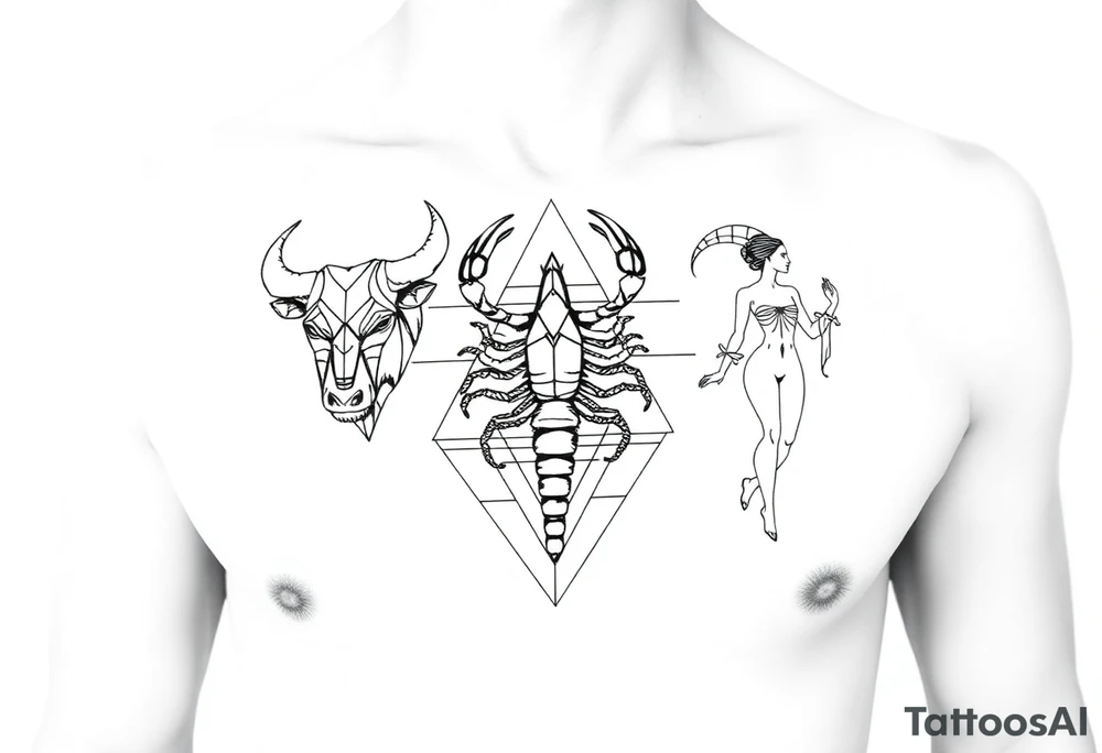 rompt:
"A single continuous fine line geometric tattoo design integrating a stylized bull (Taurus), a scorpion (Scorpio), and a figure of a maiden (Virgo). The three elements are woven together using intricate polygons, sacred geometry patterns, interlocking triangles, and sharp angles. Minimalist approach with clean lines, no heavy shading, and high contrast. The composition should be sophisticated and masculine, designed as a cohesive piece for a chest or upper arm placement. Pure black ink on a clean white backgrou tattoo idea