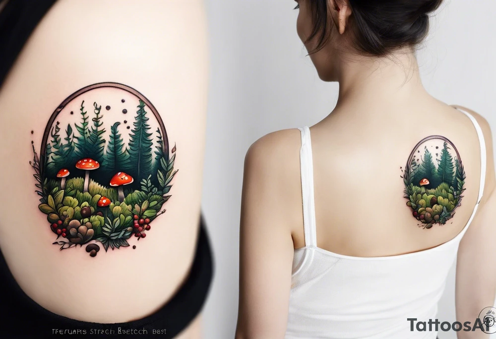 minimalistic forest floor inspired tattoo, which includes grass, moss, curly ferns and dead leaves as the bulk of the tattoo. details to include: forest berries, couple of very small brown mushrooms, a tiny bumblebee flying nearby tattoo idea