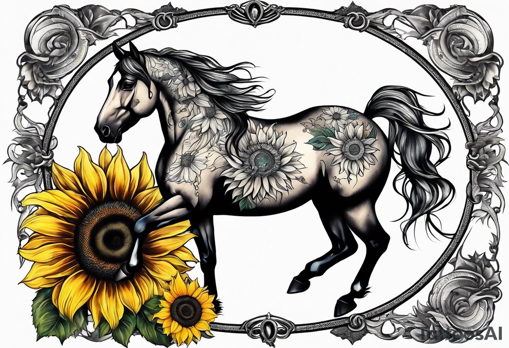 Horse, compass, sunflower tattoo idea