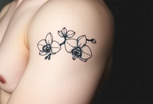 A delicate, black and white fine-line tattoo for make, featuring a gracefully detailed orchid stem with two flowers in full bloom, with soft, intricate petals and elegant curves tattoo idea